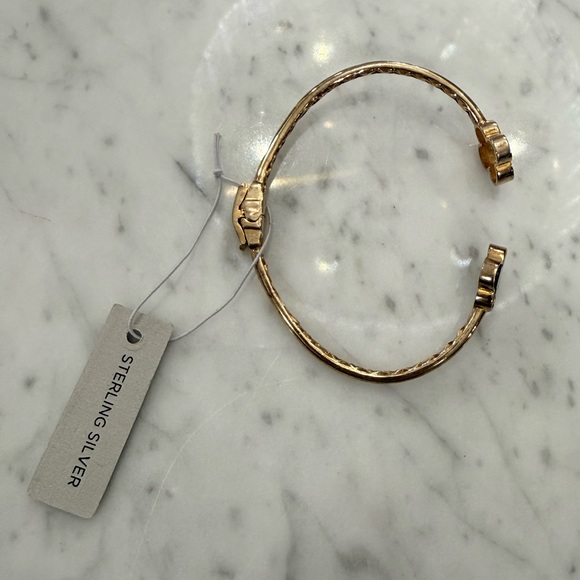 NEW Rachel Zoe 24K Gold Plate Onyx Clover Leaf Sterling Silver Bangle NWT HTF - Picture 2 of 6